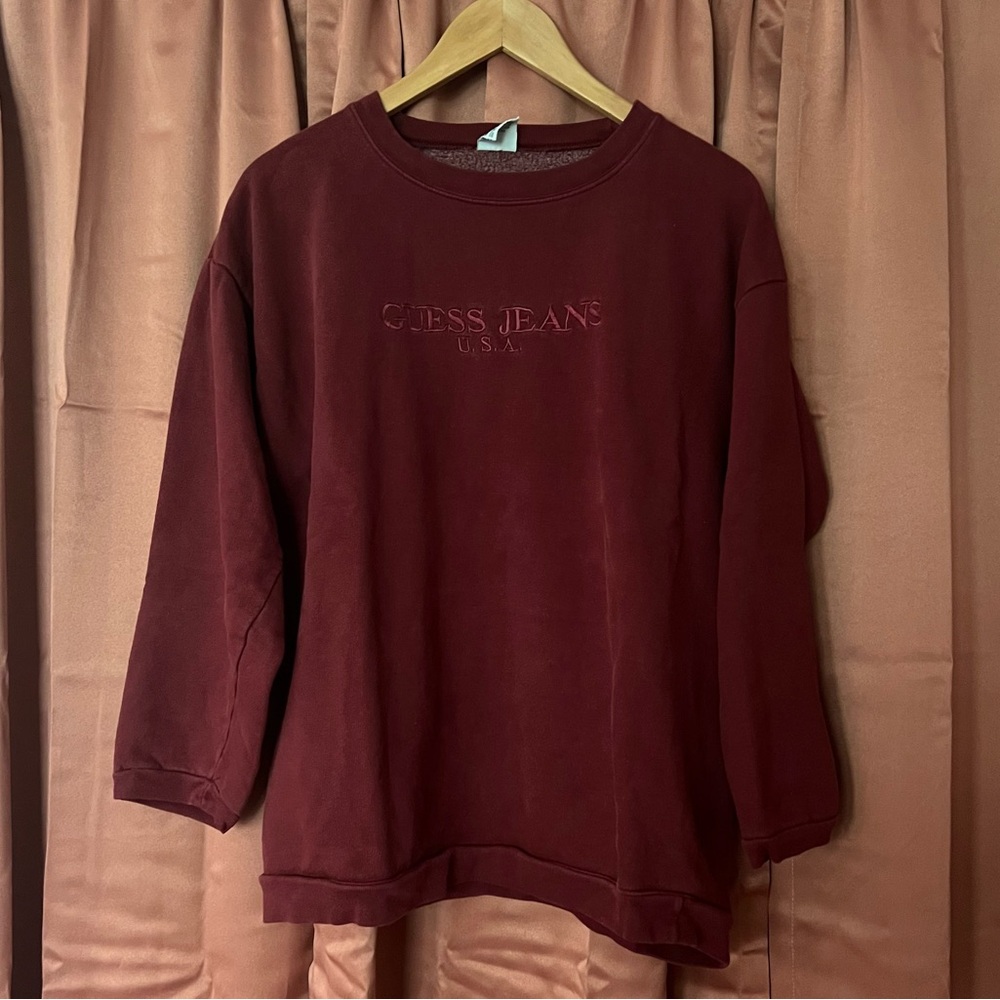 Guess Jeans USA vintage maroon embroidered logo crew neck pullover sweatshirt